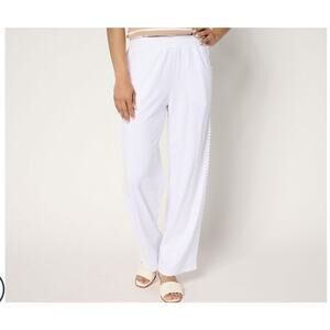 Belle Kim Gravel Small White Slub Knit Pull On Pant Crochet Trim A688229 NWOT